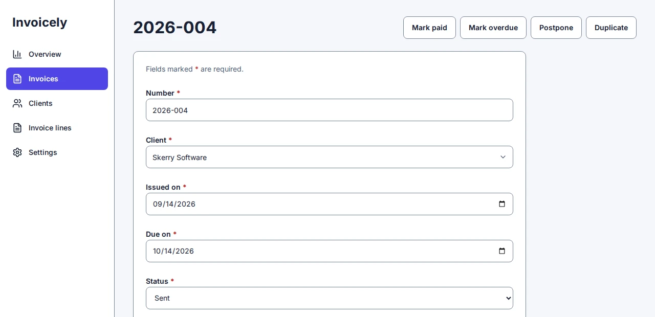 An invoice that has been sent, with the buttons Mark paid, Mark overdue, Postpone and Duplicate