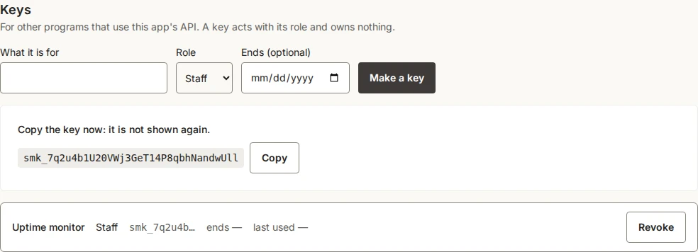 The Keys part of the team page: a key for "Uptime monitor" with the role Staff, shown once with a Copy button