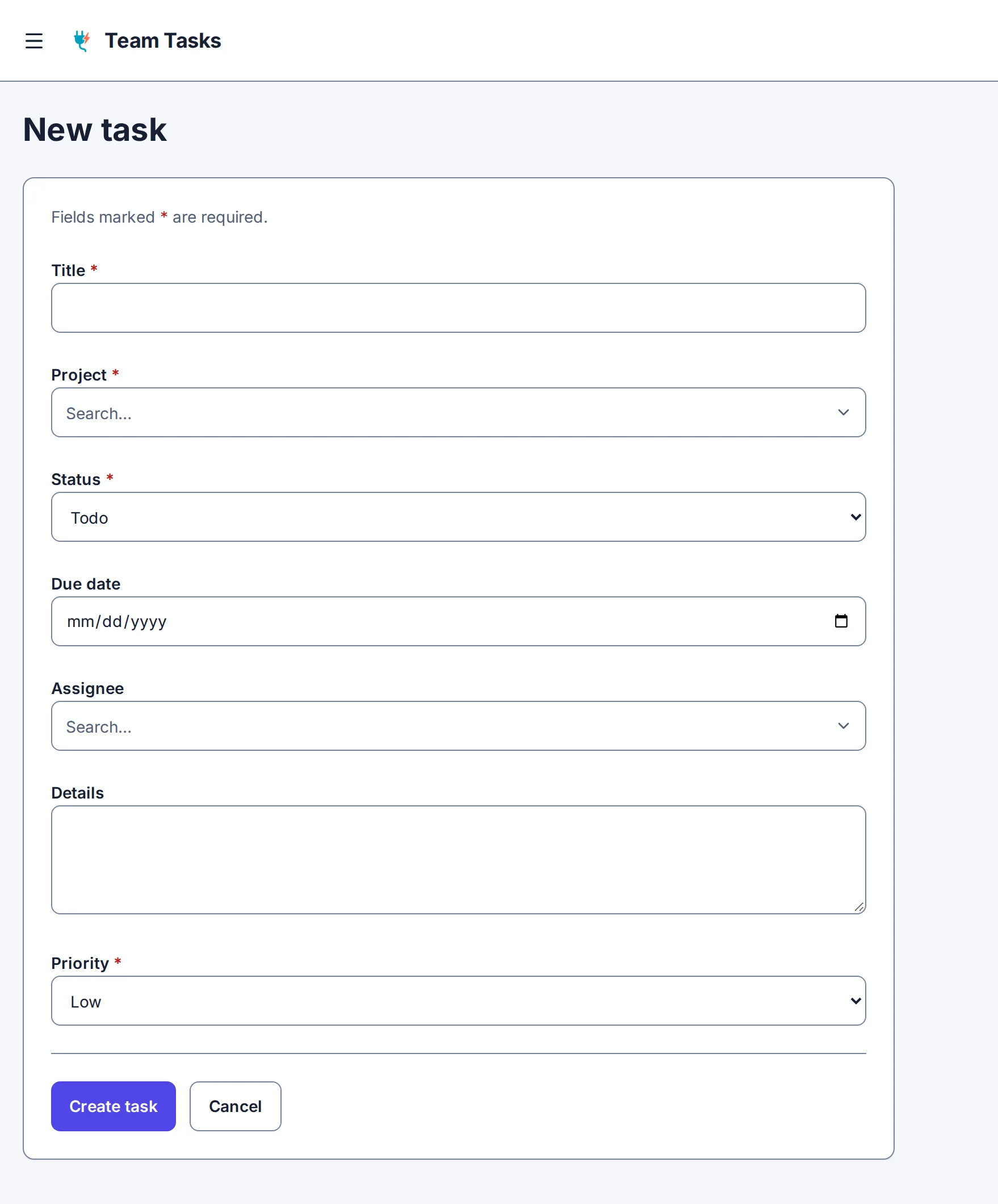 The app's /admin/tasks/new page after the change: the new-task form gains a Priority field
