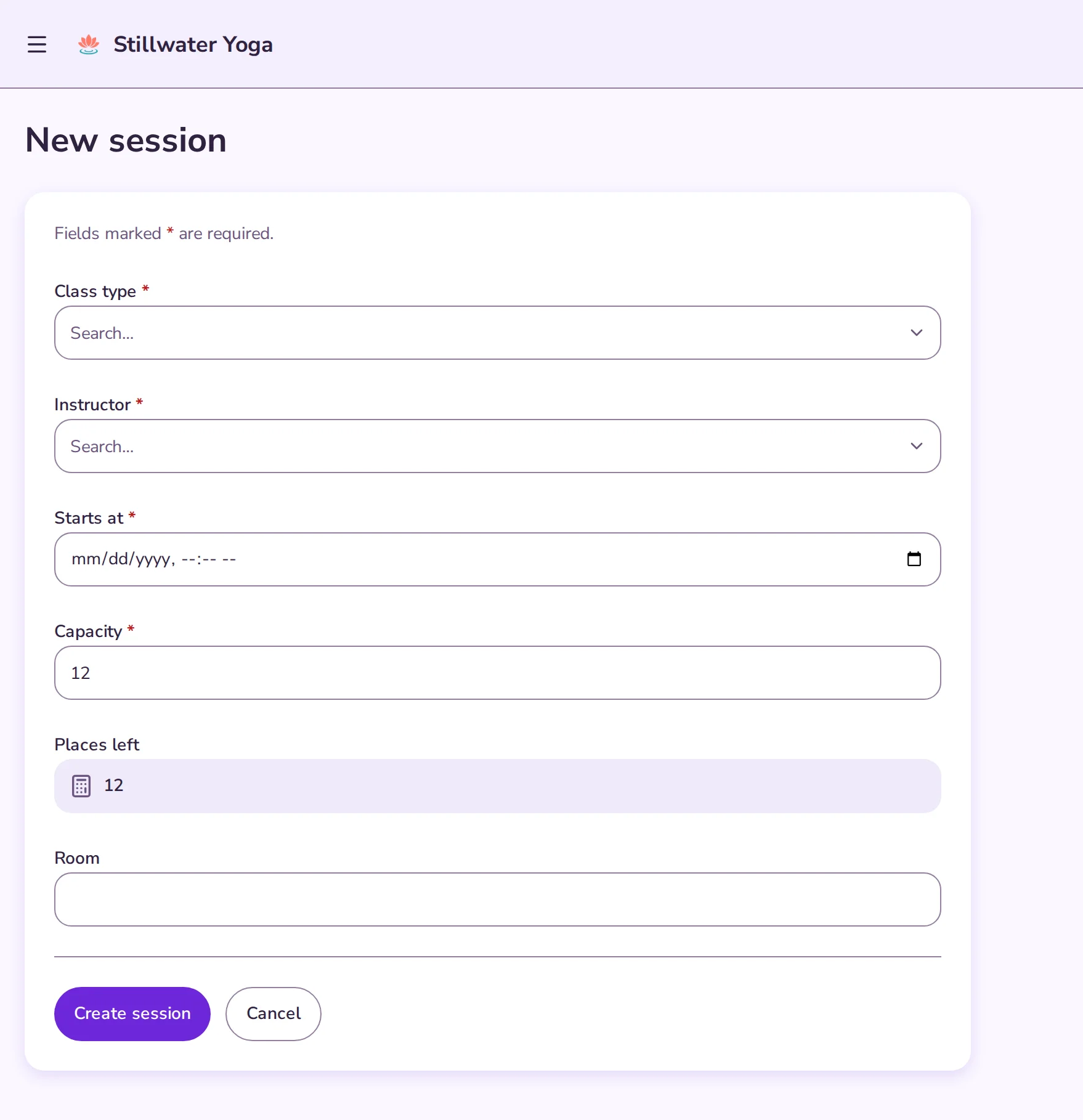 The app's /sessions/new page after the change: the new-session form gains a Room field