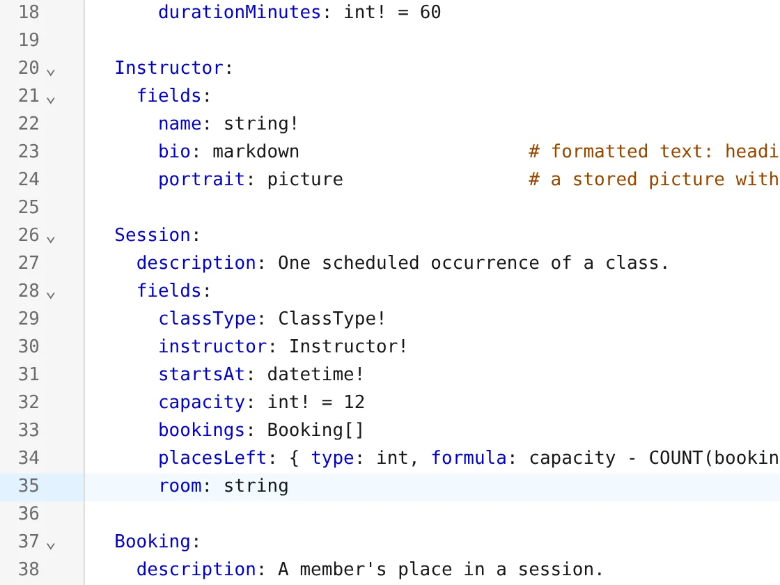 smithable.yml in Studio's editor with the new line "room: string"