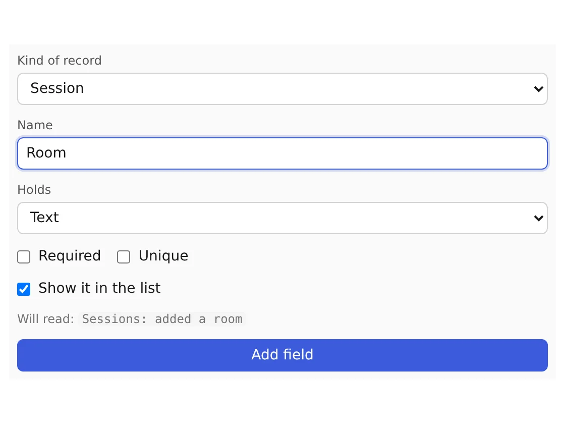 Studio's form for adding a field, filled in: Room, Text
