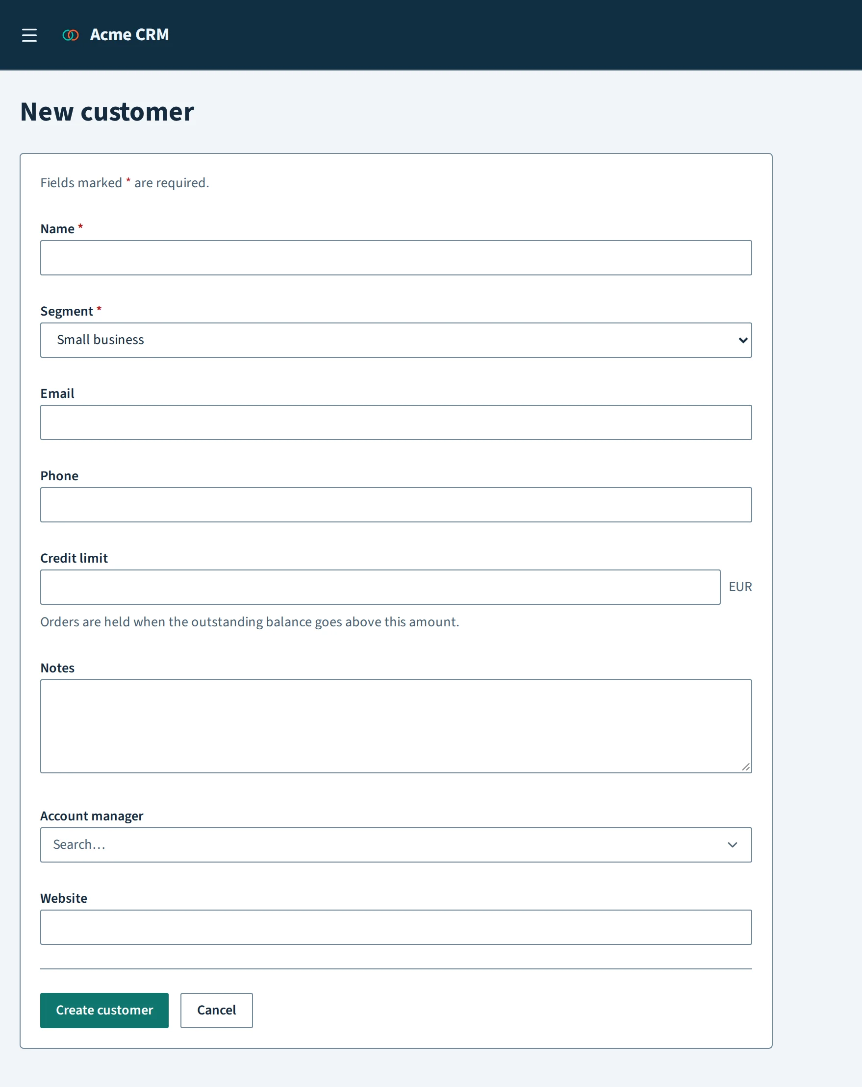 The app's /customers/new page after the change: the new-customer form gains a Website field