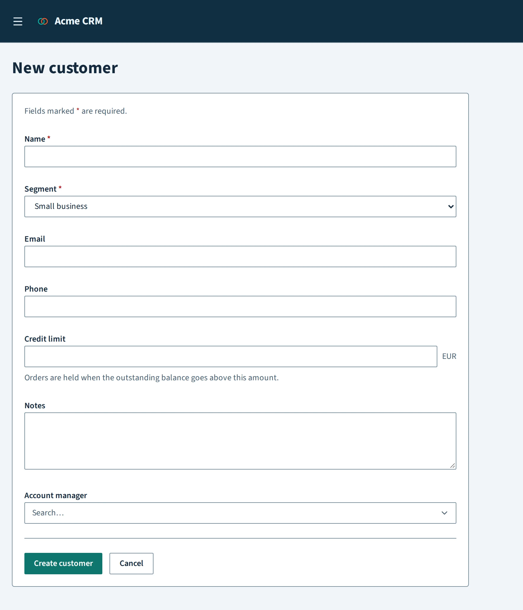 The app's /customers/new page before the change