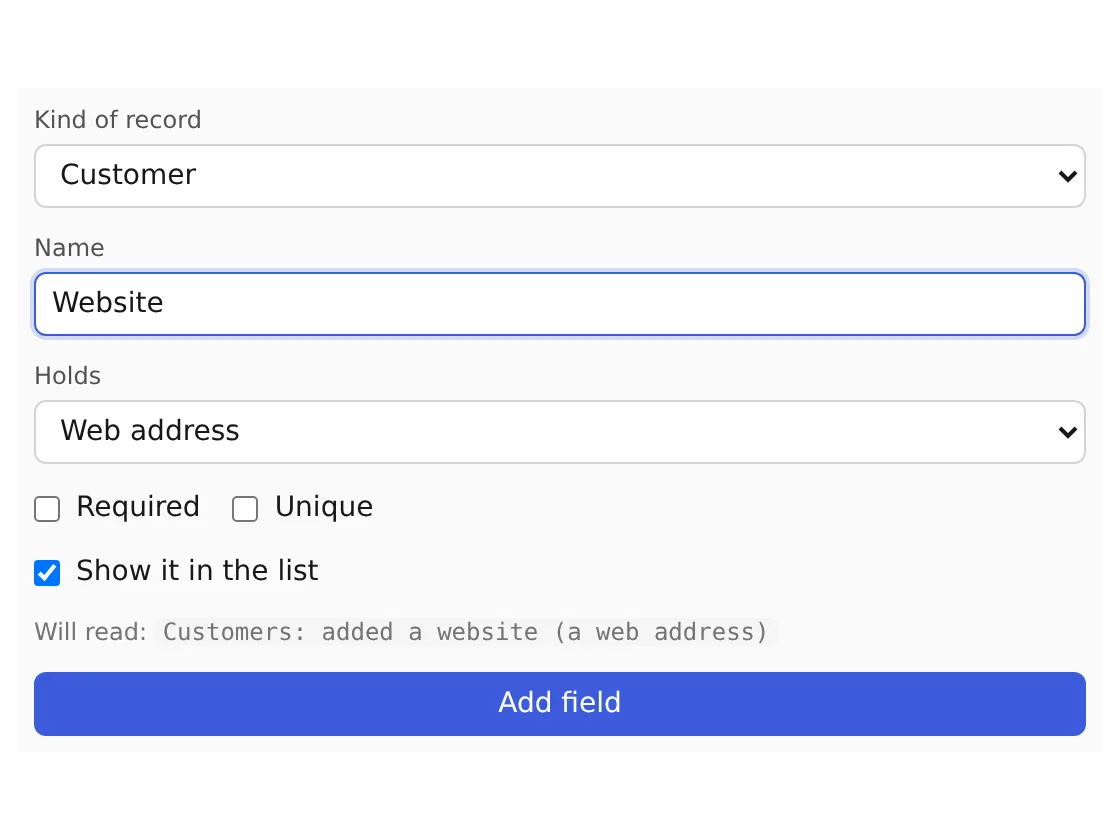 Studio's form for adding a field, filled in: Website, Web address