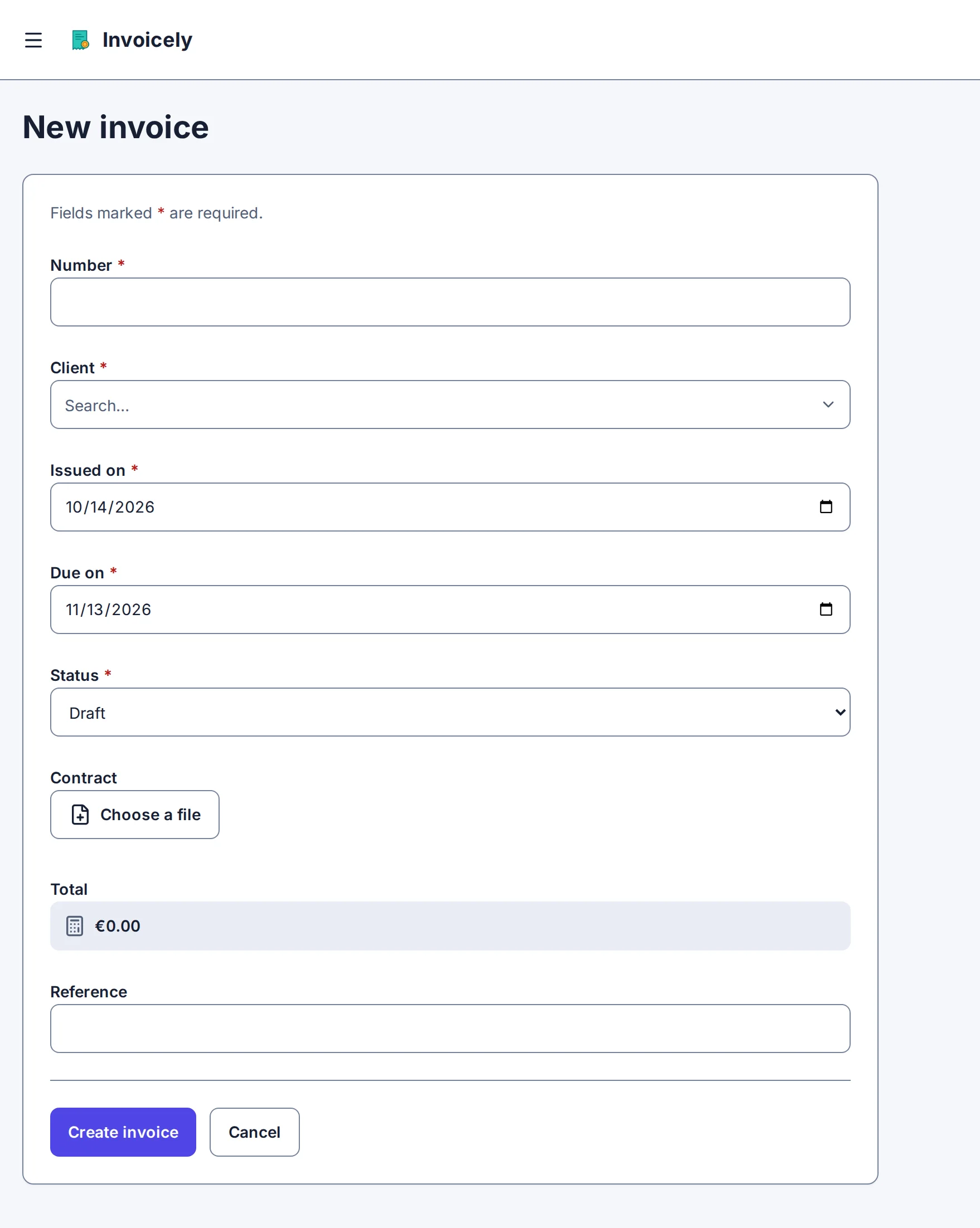 The app's /invoices/new page after the change: the new-invoice form gains a Reference field
