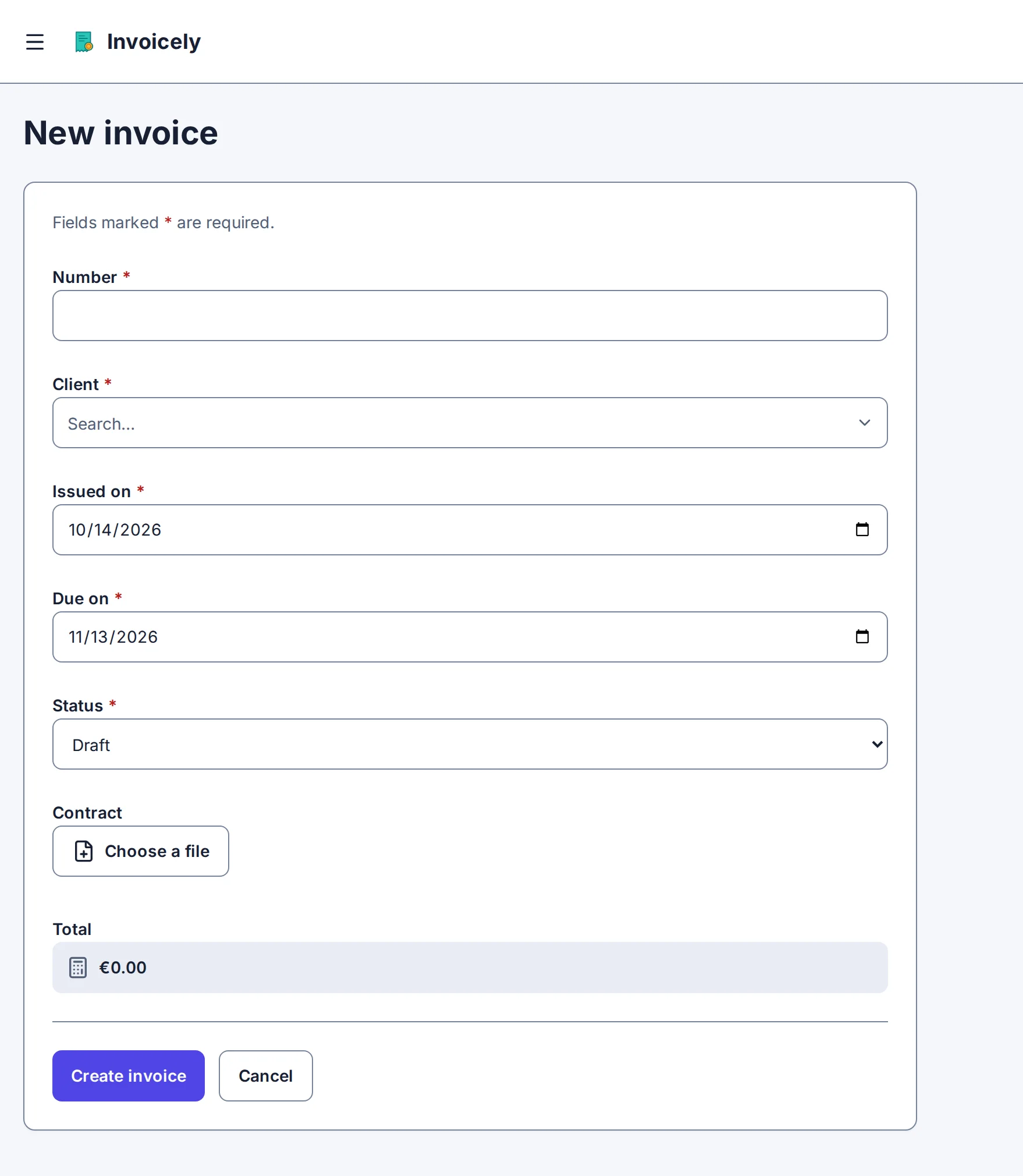 The app's /invoices/new page before the change
