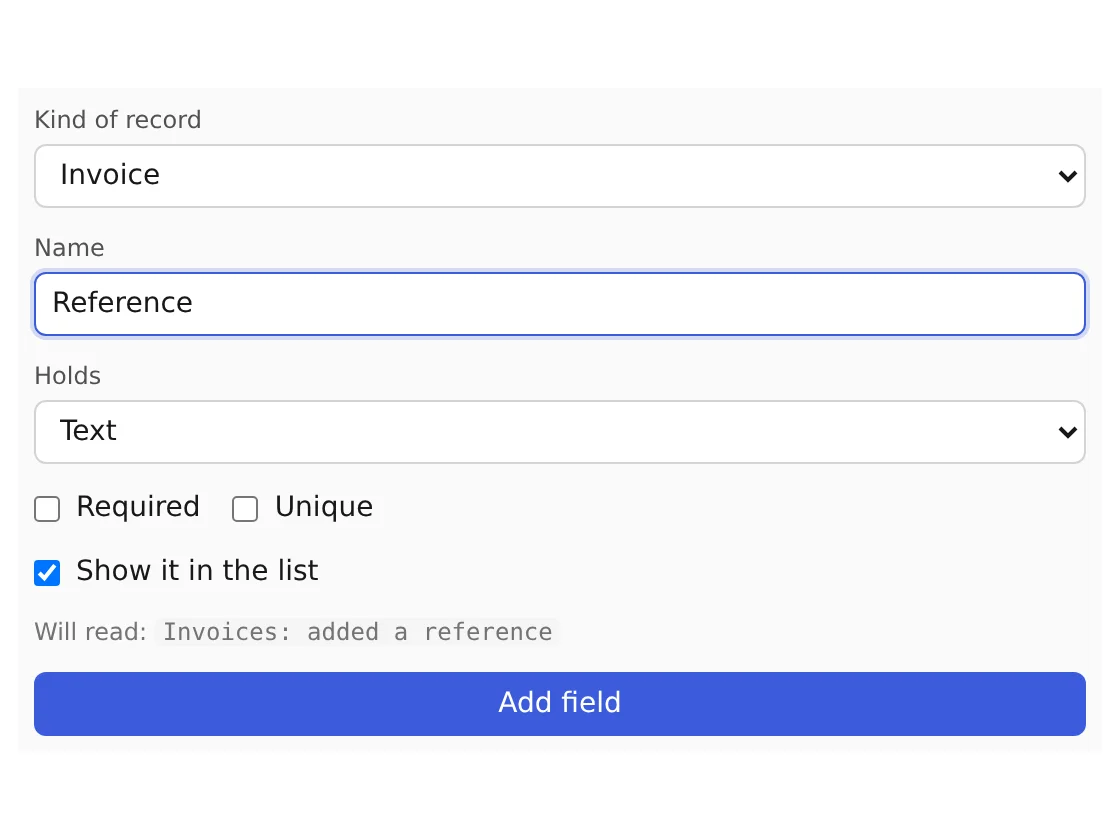 Studio's form for adding a field, filled in: Reference, Text
