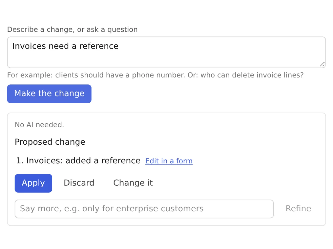 Studio's prompt box with "Invoices need a reference" and the change it proposes