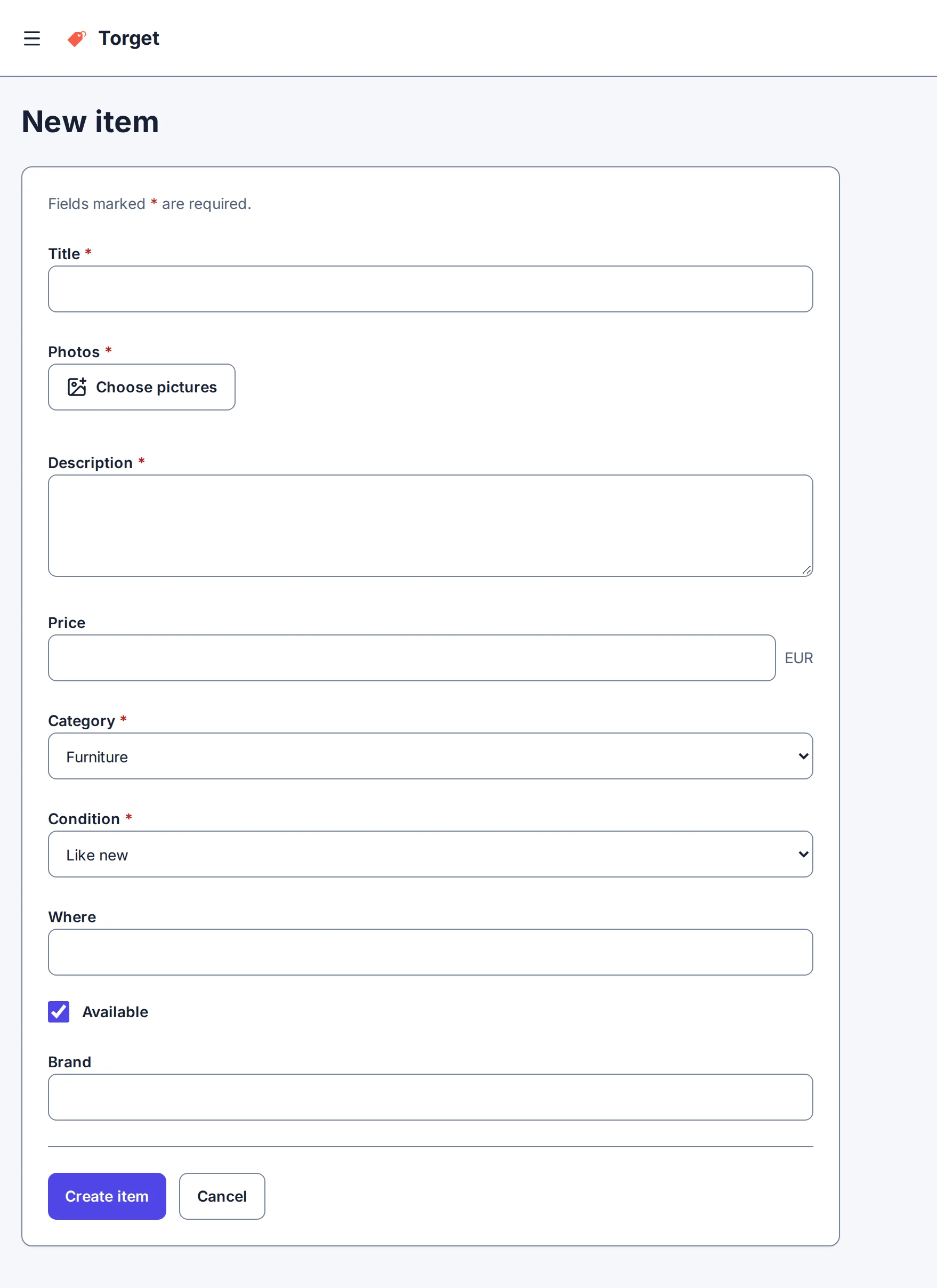 The app's /my-items/new page after the change: the new-item form gains a Brand field
