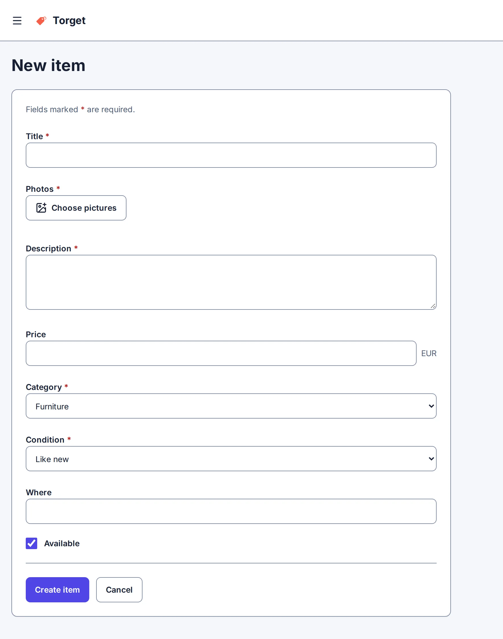 The app's /my-items/new page before the change