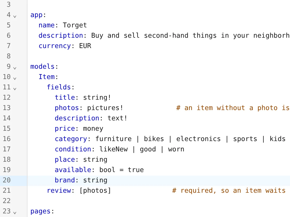 smithable.yml in Studio's editor with the new line "brand: string"