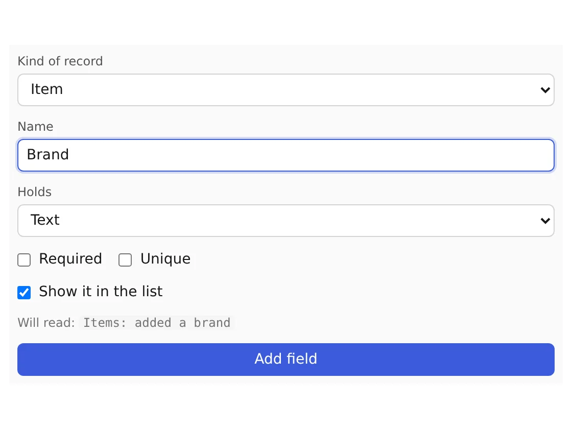 Studio's form for adding a field, filled in: Brand, Text