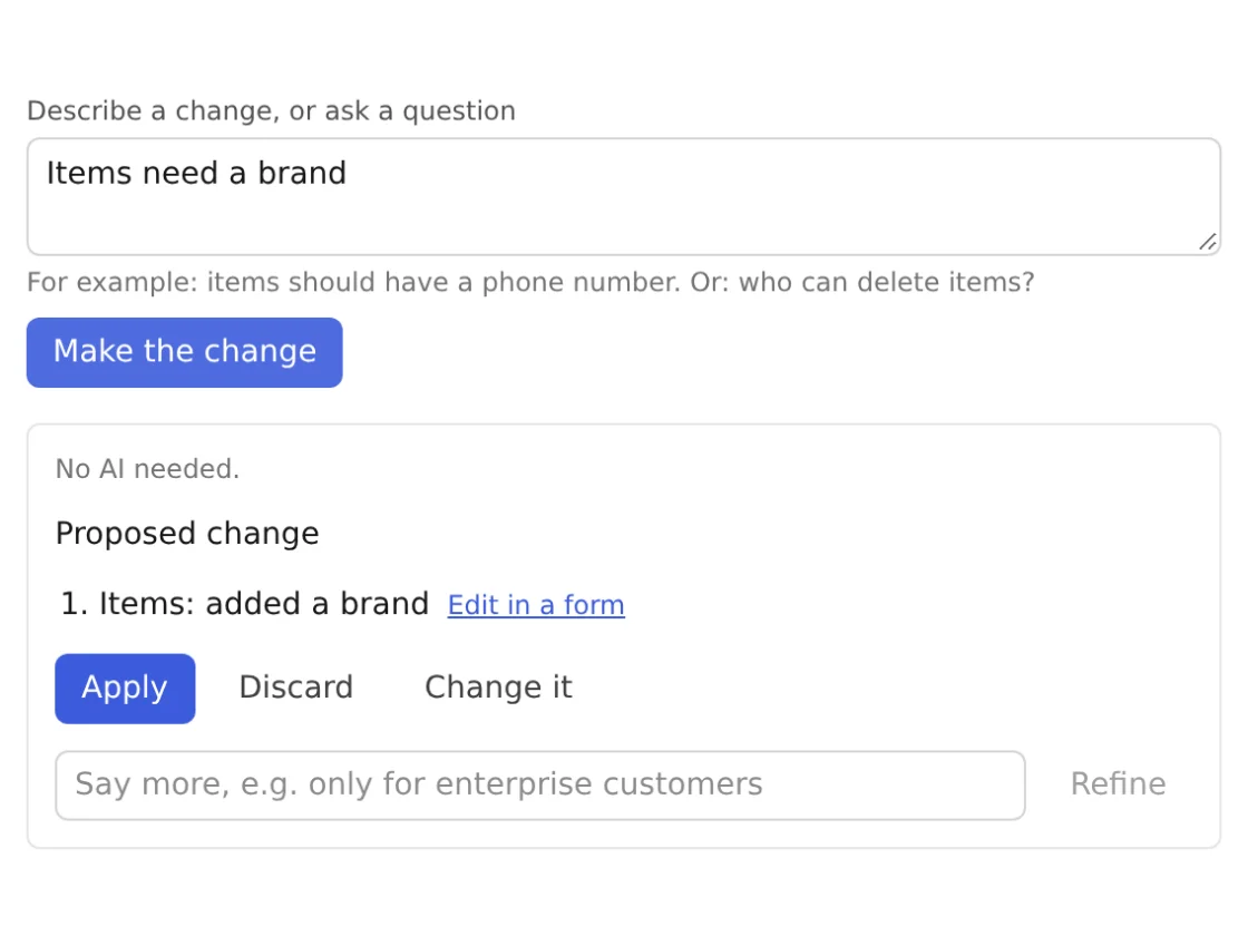 Studio's prompt box with "Items need a brand" and the change it proposes