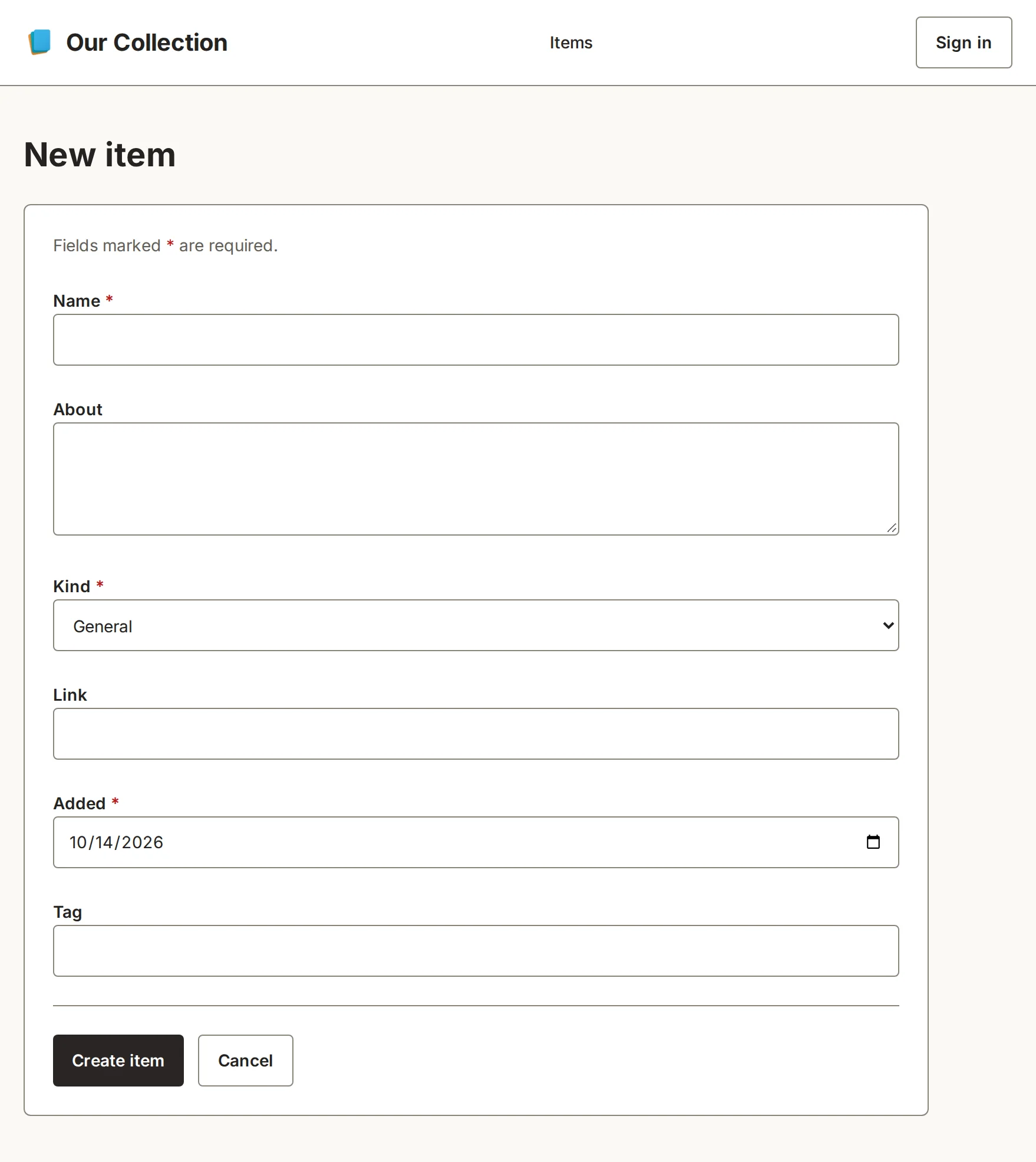 The app's /items/new page after the change: the new-item form gains a Tag field
