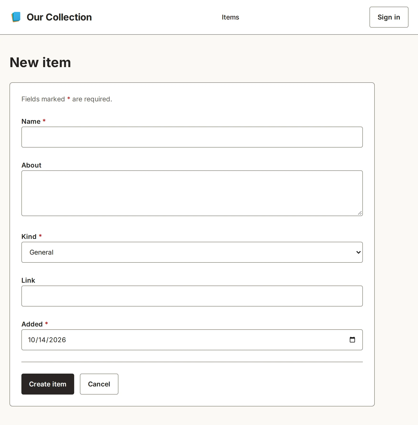 The app's /items/new page before the change
