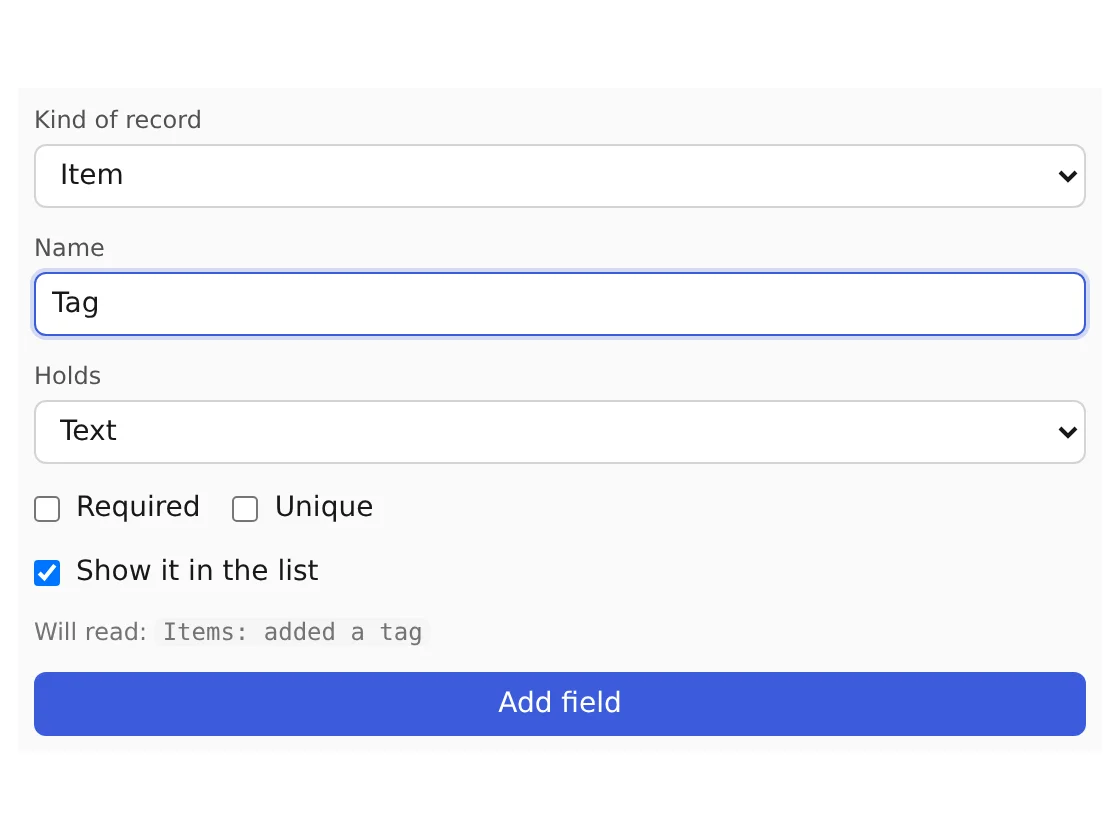 Studio's form for adding a field, filled in: Tag, Text