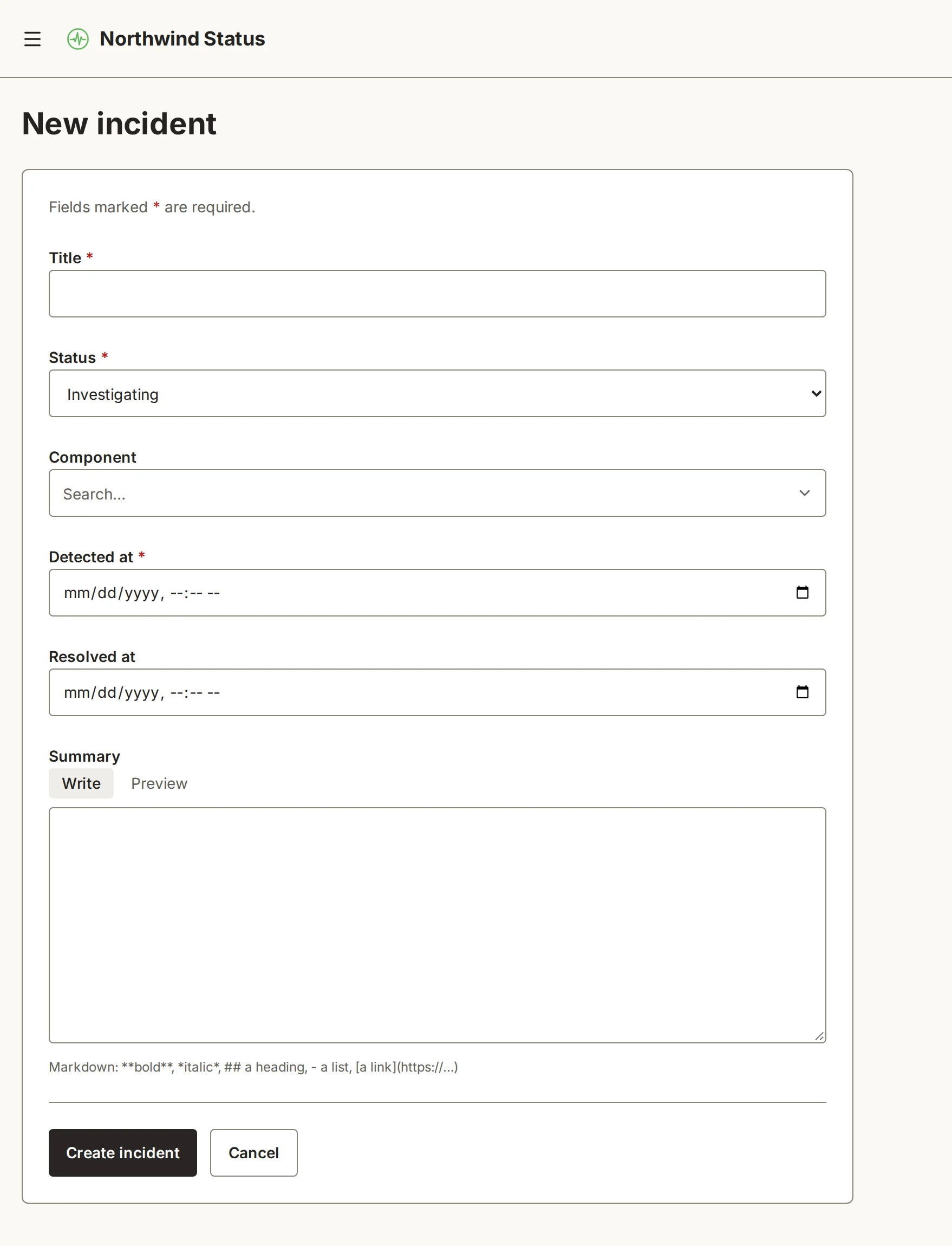 The app's /incidents/new page before the change