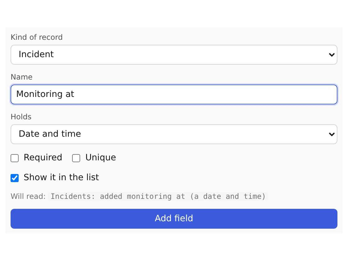 Studio's form for adding a field, filled in: Monitoring at, Date and time