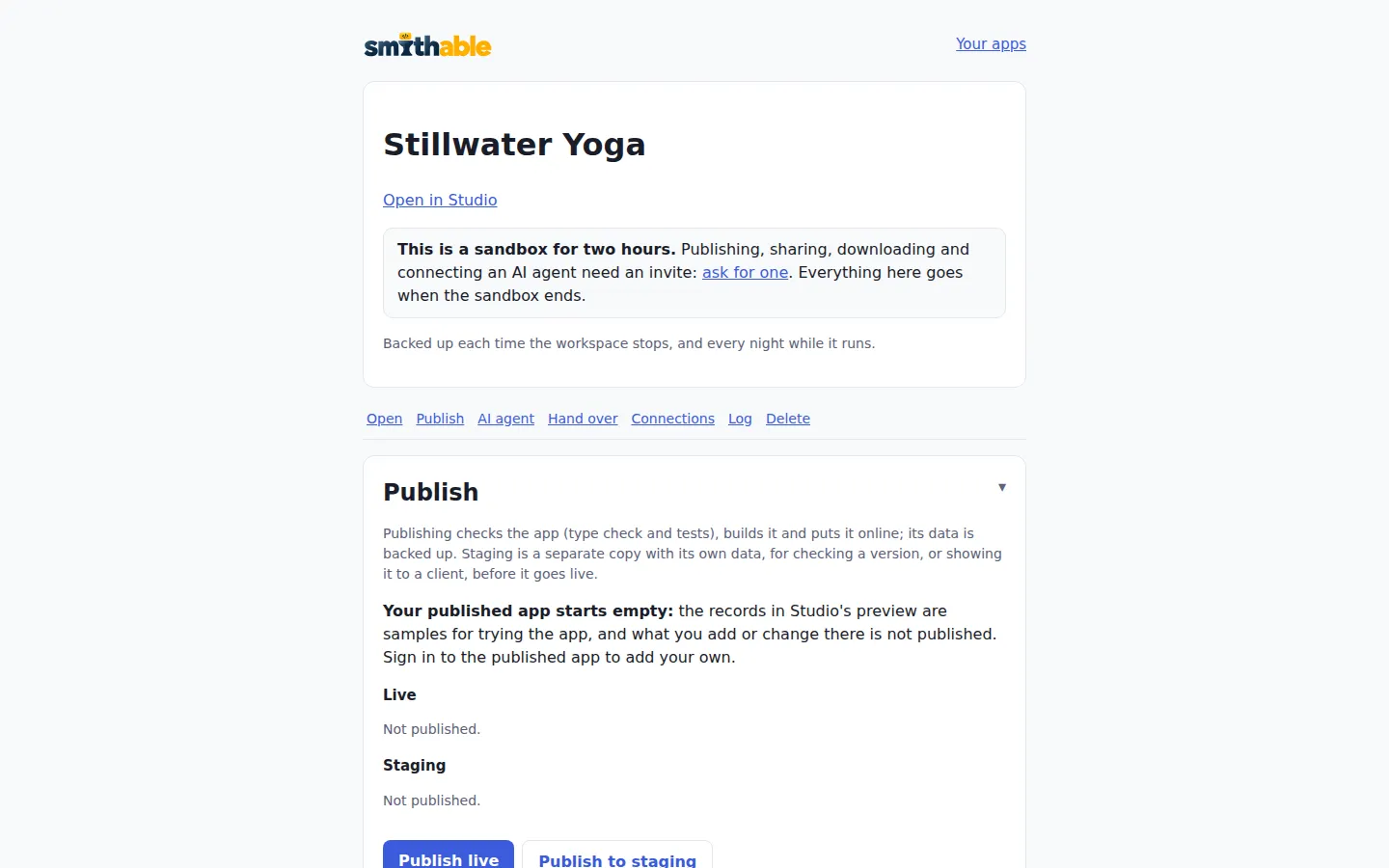 The app's page in a sandbox: Open in Studio, the note that publishing needs an invite, then Publish with Live and Staging