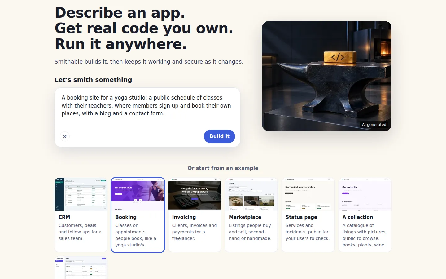 smithable.ai's start page with the Booking example in the box and the Build it button