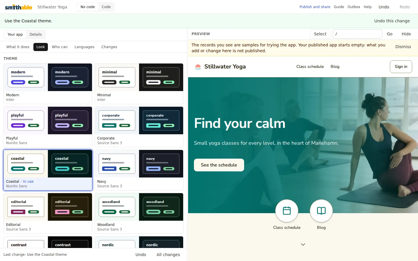 Studio with the Look tab open, the Coastal theme in use and the preview of the yoga studio's app in its colors