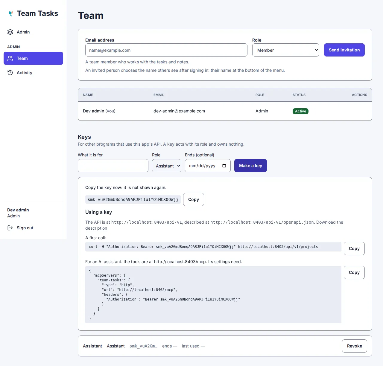 Keys on the team page, with a call to copy