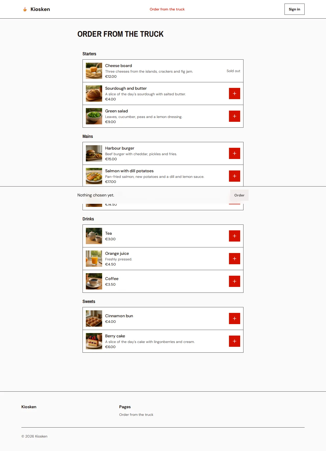 The menu of the kiosk starter, Kiosken, with its sections and the order bar